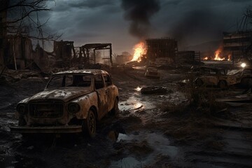 Fototapeta na wymiar Post-apocalyptic scene reflecting the aftermath of war with artistic inspiration. Generative AI