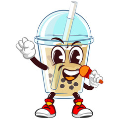 character mascot of a glass of boba ice with a funny face using a mic with enthusiasm, isolated cartoon vector illustration. emoticon, cute glass of iced boba mascot