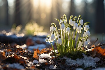 Early spring concept. Flowers snowdrops in garden, sunlight. First beautiful snowdrops in spring. Common snowdrop blooming. Galanthus nivalis bloom in spring forest. Snowdrops close up. - obrazy, fototapety, plakaty