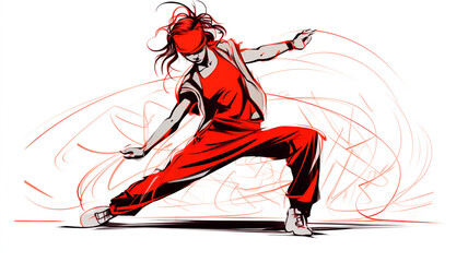 drawing with one continuous line, a young energetic woman dancing hip-hop. Generative AI
