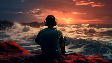 Obraz premium a man sitting on the ocean shore during sunset and listening to music in large headphones. illustration of harmony and enjoyment of music. Generative AI
