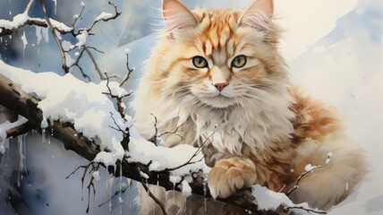A watercolor painting of a cat sitting on a snowy branch, close up of a cat's life