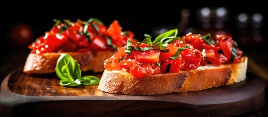 Delicious Italian appetizers bruschetta with tomato on toasted baguette topped with basil on a wooden board - obrazy, fototapety, plakaty