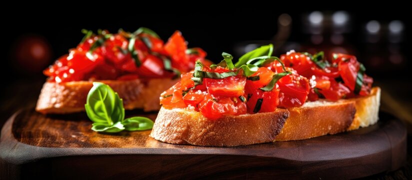 Delicious Italian appetizers bruschetta with tomato on toasted baguette topped with basil on a wooden board