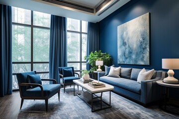 A pristine room with a cool blue aesthetic and a sleek, contemporary design, perfect for consultations. Generative AI