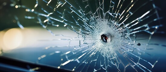 Car windshield with a bullet hole close up - obrazy, fototapety, plakaty
