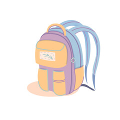 Cute yellow school backpack with leaves patches, kids bag for school supplies, cartoon style. Trendy hand drawn modern vector illustration 