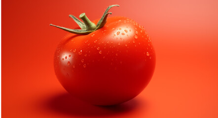 Tomato on red background, 3d render, horizontal, copy space