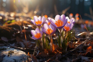 Spring crocus flowers in garden. First crocuses on sunny morning. Yellow and purple crocus or...