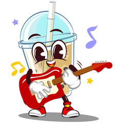 mascot character a glass of boba ice with a funny face playing guitar, isolated cartoon vector illustration. emoticon, cute boba ice glass cone mascot