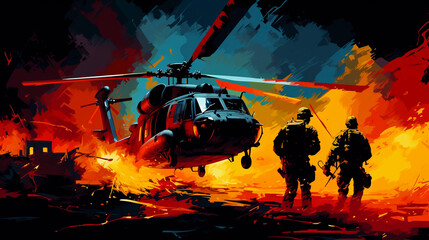 Chaotic battle scene, abstract silhouettes of soldiers, tanks, and helicopters, vibrant explosions in primary colors, dark shadowy ground, distorted reality
