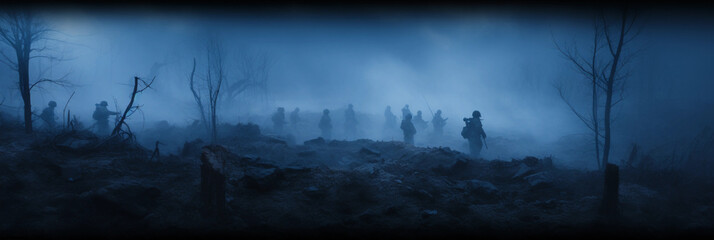 Ethereal dreamscape, ghostly apparitions of fallen soldiers rising from a misty battlefield, monochromatic blue scheme, soft focus - obrazy, fototapety, plakaty