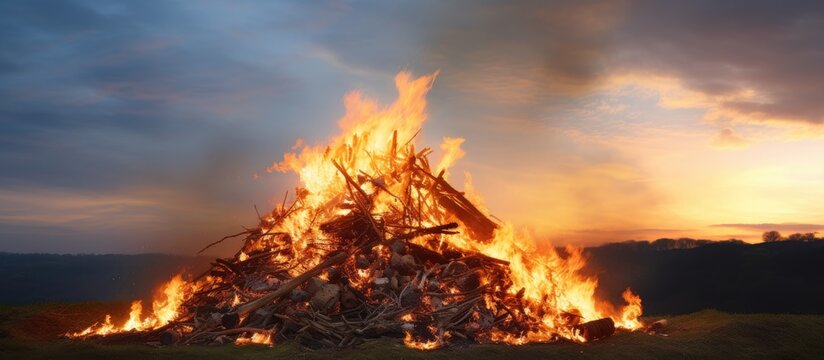 Dusk Easter hill bonfire burning