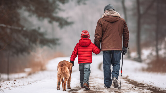 Elderly man walking on a snowy country road with his grandson and golden retriever dog. Family taking a walk through the forest on a beautiful quiet winter day.