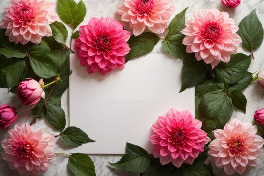 Greeting card with an empty frame for writing text and flowers