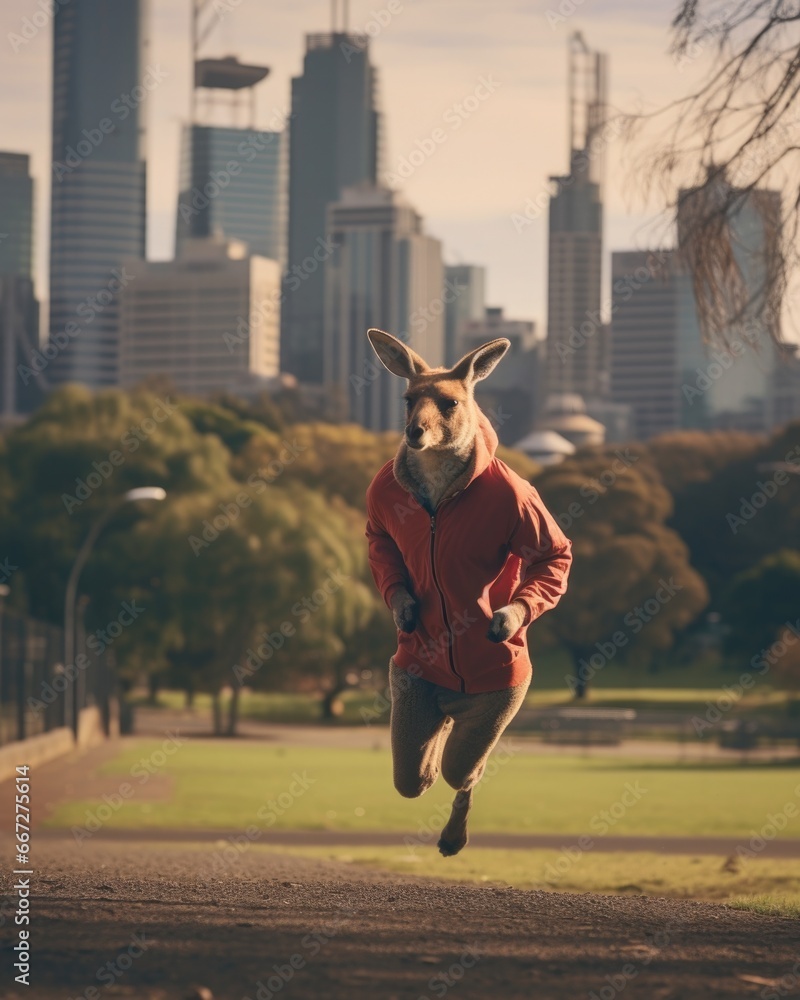 Poster a kangaroo is running in a park with a city in the background. generative ai.
