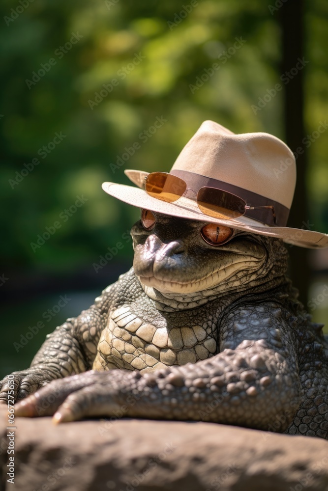 Poster a large lazy alligator wearing a hat and sunglasses. generative ai.