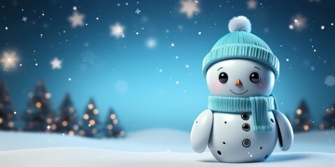 glossy snowman with a hat on the blue christmas background