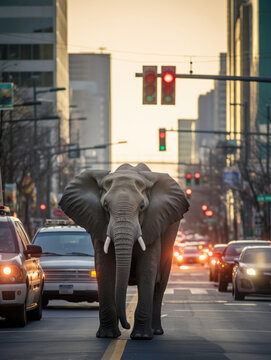 A large elephant walking down a busy city street. Generative AI.