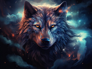 Fototapeta premium Wolf, voluminous celestial hair, surreal sky full of galaxies, set in a space void, hyper - realistic eyes, cosmic aura