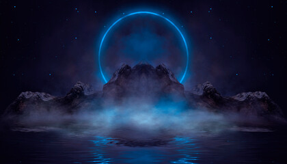 Fototapeta na wymiar Dark fantasy mountain landscape, river bank, neon circle,. reflection in water. 3D illustration