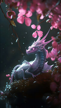 A cute dragon on a branch full of pink flowers, Generative AI