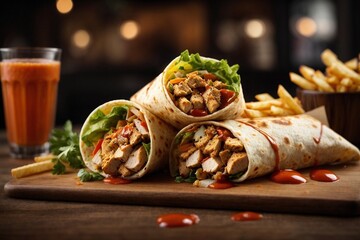  A chicken wrap with fries and sauce