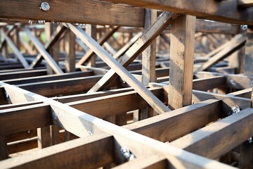Description of a wooden framework with metal reinforcement used for pouring concrete and constructing structures or fencing foundations. Generative AI - obrazy, fototapety, plakaty