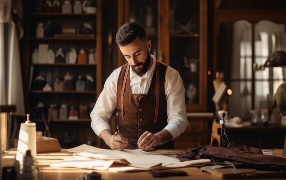 A cute tailor male with beard and glasses working near wooden table in an  amazing atelier with antique furniture