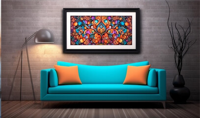 Modern interior design living room with blue sofa 3D rendering image.