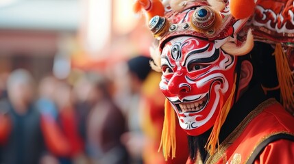 Chinese new year. Man at festival wearing traditional Chinese masked costume - obrazy, fototapety, plakaty