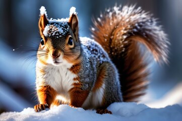 Obraz premium Cute red squirrel baby cub sitting in the white snow covered with snowflakes. Beautiful red squirrel in winter.