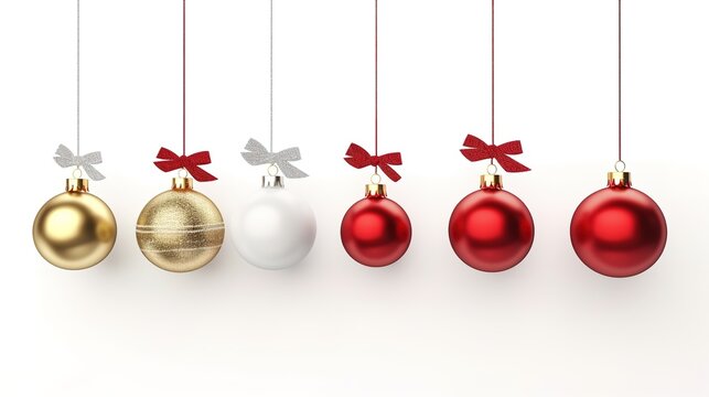Christmas balls hanging with ribbon and bow isolated on white background for christmas decoration