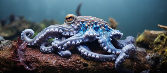 Blue ring octopus camouflaged on hard coral