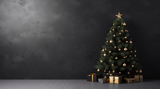 Christmas tree in the room. Decorated festive tree in a minimalistic black dark interior