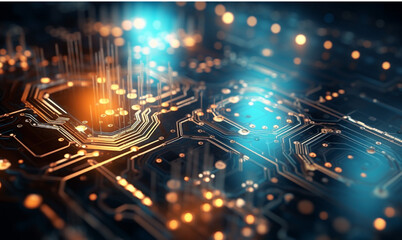 Circuit board with microchips and processor close-up. 3D rendering