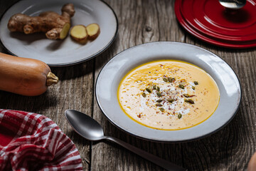 Creamy pumpkin soup garnished with  cooking sauce served in white bowl on rustic wooden background. Seasonal warm food. Autumn Appetiser 