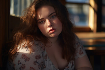 Fototapeta premium beautiful, fat girl in her teens, sad, having insecurities about her body and weight.