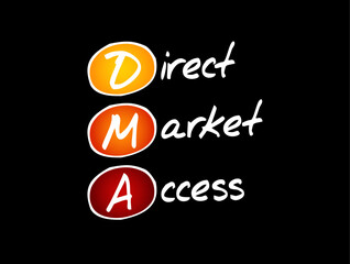 DMA Direct Market Access - access to the electronic facilities and order books of financial market exchanges, acronym text concept background