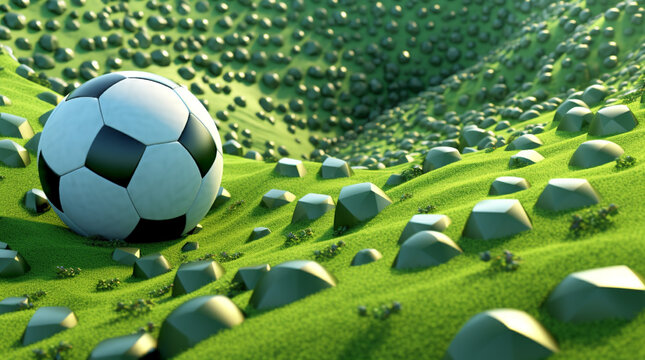 Soccer ball on green grass background. 3d render illustration.