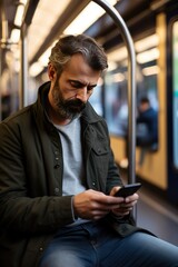 Caucasian man with beard engrossed in smartphone scrolls through messages completely immersed in digital realm unaware of bustling commuters around in metro. Man captivated by messages on screen.