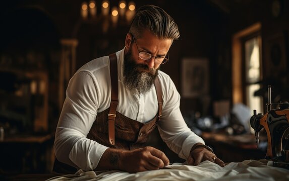 A cute tailor male with beard and glasses working near wooden table in an  amazing atelier with antique furniture