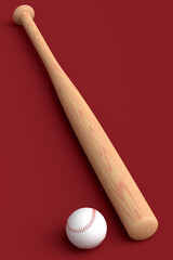 Wooden professional softball or baseball bat and ball on red background