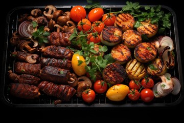 Top view assorted delicious grilled meat with vegetables on barbecue grill with smoke and flames. Fresh Herbs and Spices. Summer Barbecue Food.