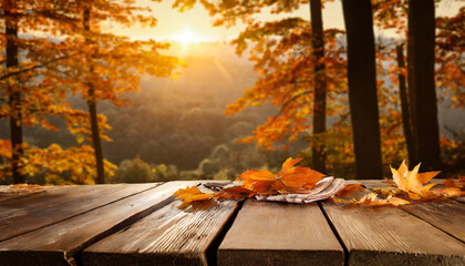 Naklejka na ściany i meble autumn table orange leaves and wooden plank at sunset in forest