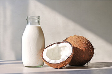 Coconut milk bottle and glass of milk