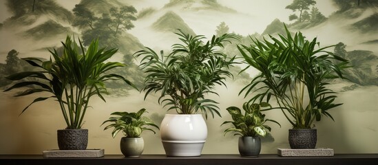 Fototapeta na wymiar Potted dwarf palm plants on a stand with beautiful wallpaper backdrop