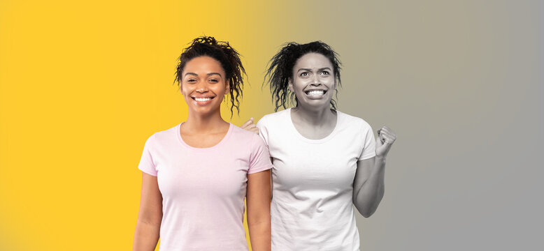 Positive, angry, unhappy millennial black lady freaking out, yelling on yellow and gray background, studio
