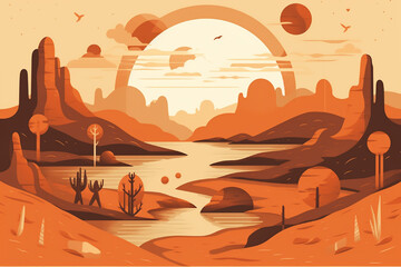 Sunset in the desert with mountains and trees. Vector illustration.