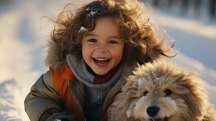 Cheerful baby enjoying the snow, smiling and looking at the camera.